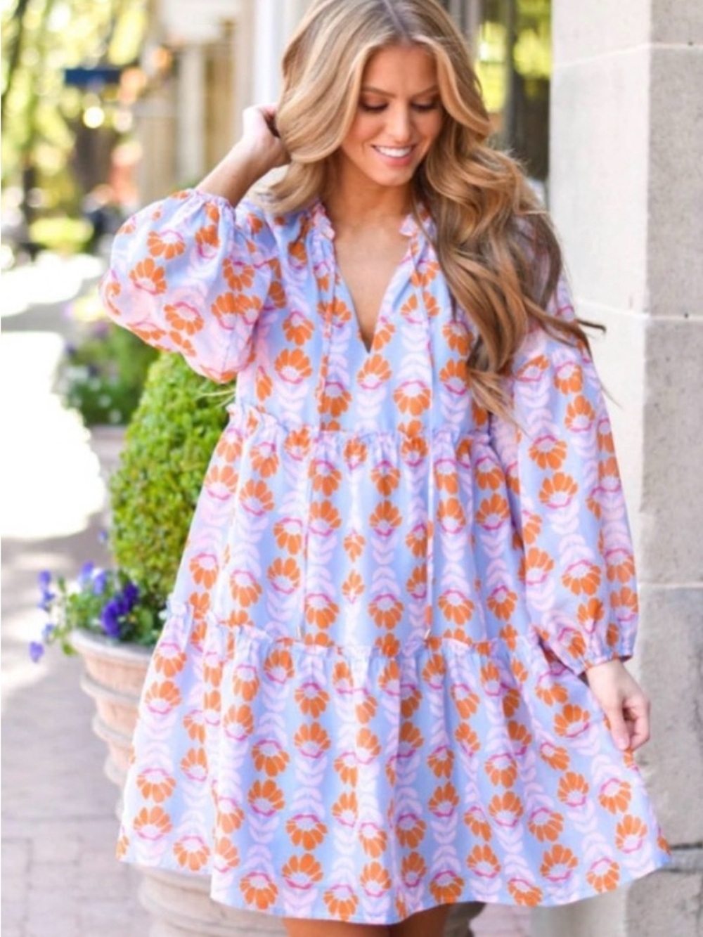 Lavender and Orange Floral Tiered Mini Dress